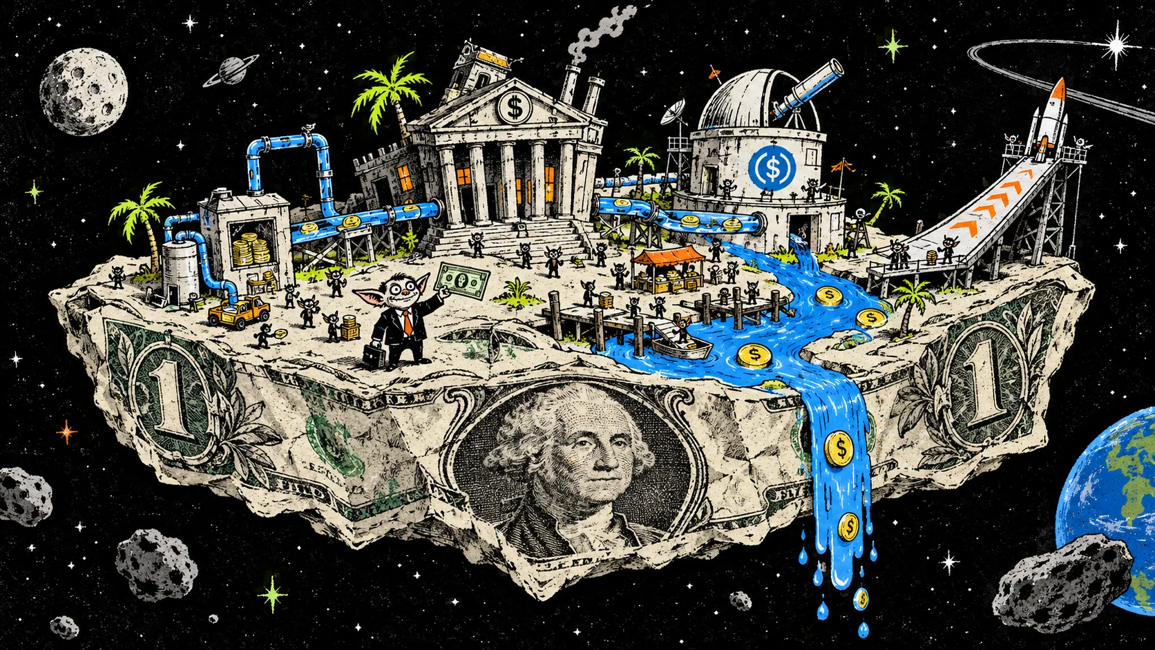 A hand-drawn floating one-dollar island with a bank, coin pipes, an observatory and a launch ramp
